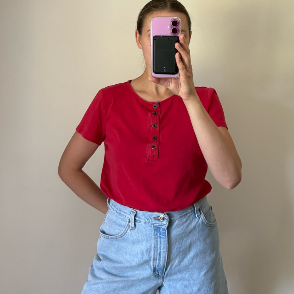 Vintage Ralph Lauren Short Sleeve Henley Short Red 1/2 Button-Up Top Small